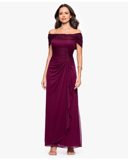 B & A by Betsy and Adam Purple Betsy And Adam Long Off-the-shoulder Dress