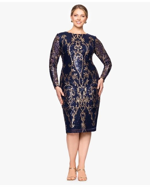 B & A by Betsy and Adam Women's Blue Plus Size Sequin Long-sleeve Midi Dress B & A by Betsy and Adam Women's Blue Plus Size Sequin Long-sleeve Midi Dress