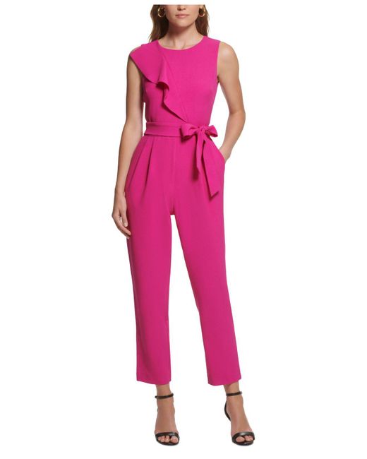 Jessica Howard Petite Ruffled Belted Jumpsuit in Pink | Lyst