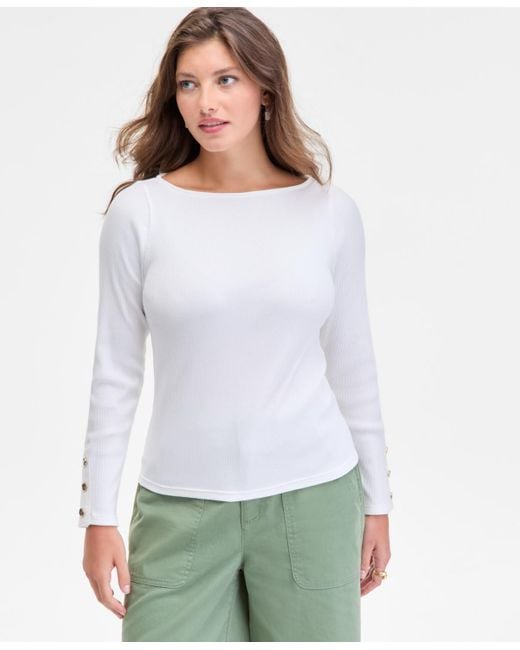 On 34th White Button-cuff Boatneck Top