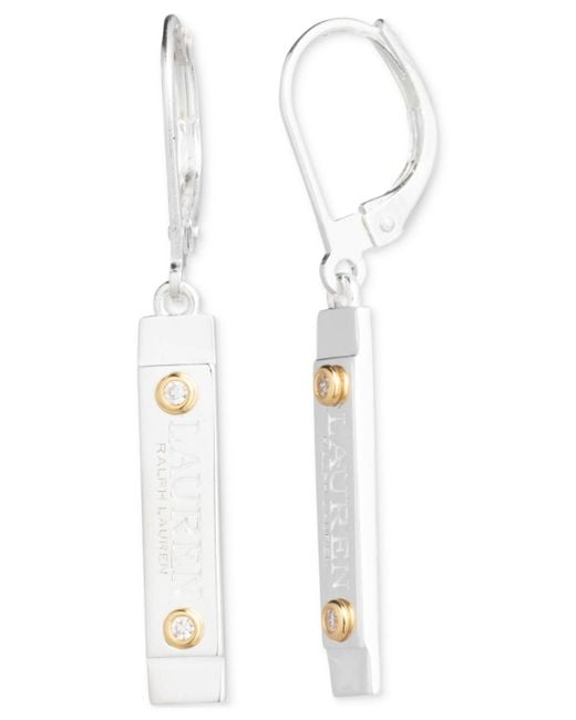 Ralph Lauren White Lauren Sterling Silver & 18k Gold-plated Vermeil Pave Logo Drop Earrings