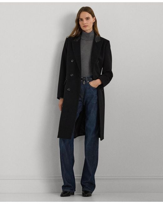 Ralph Lauren Faux-leather-trim Double-breasted Coat in Black