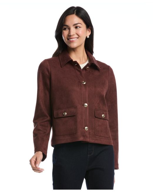 Rafaella Petite Collared Patch-pocket Faux Suede Jacket