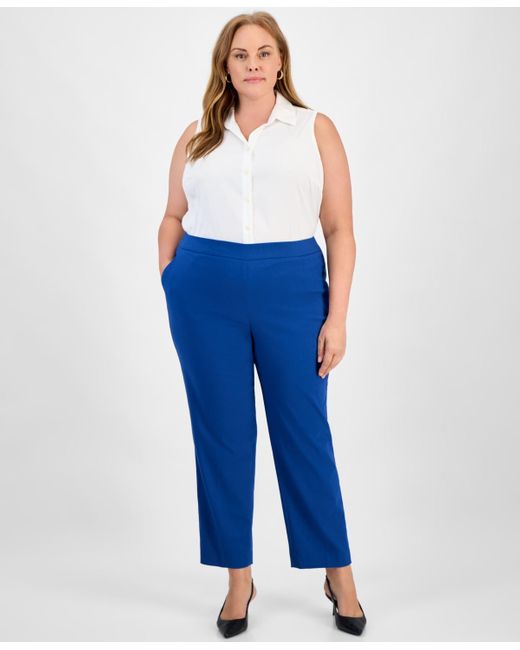 Kasper Blue Plus Size High Rise Straight Leg Pull-on Pants