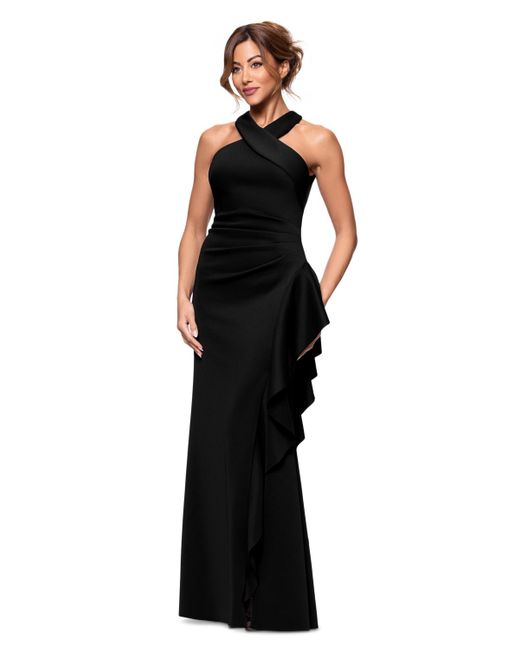 Xscape Black Crisscross Halter Side-ruffled Gown