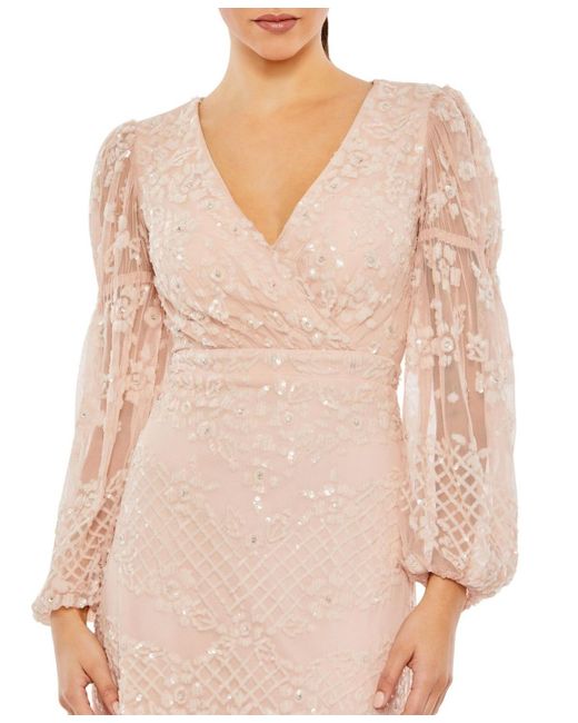 Mac Duggal Pink Sequined Tiered Wrap Over Puff Sleeve Gown