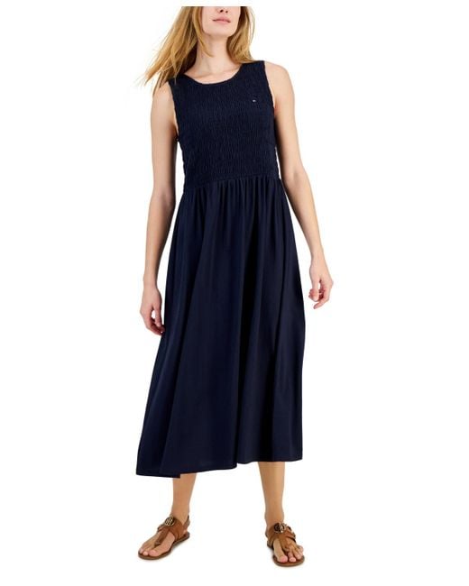 Tommy Hilfiger Blue Solid-color Smocked Sleeveless Dress