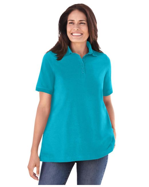 Woman Within Blue Plus Size Within Perfect Short-sleeve Polo Shirt