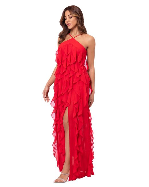 Xscape Red Ruffled Halter Gown