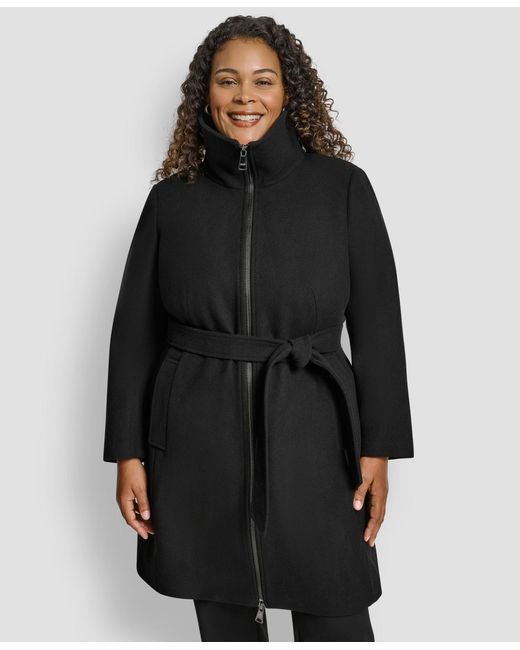 DKNY Black Plus Size Belted Zip-up Wool Coat