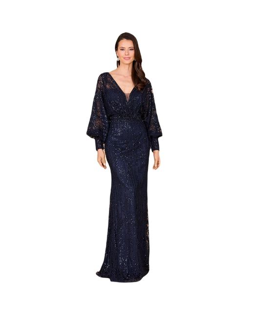 Lara Blue Long Bishop Sleeve Lace Gown