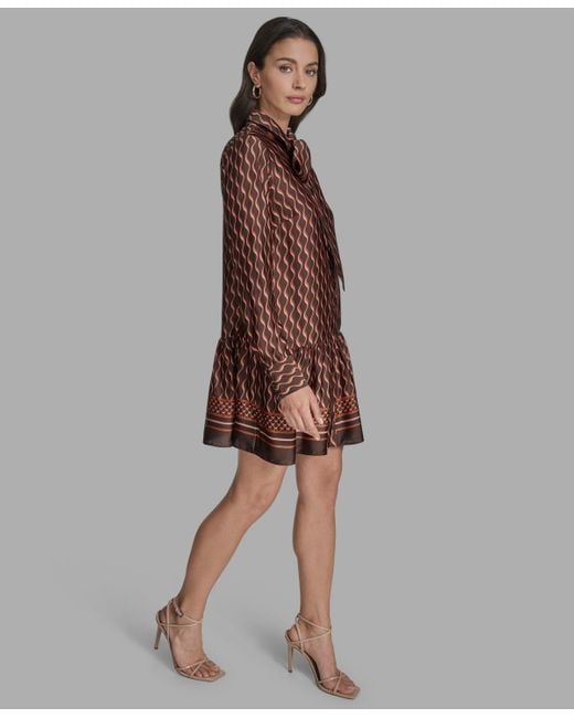 BCBGMAXAZRIA Brown Satin Tie-neck Long-sleeve Shift Dress