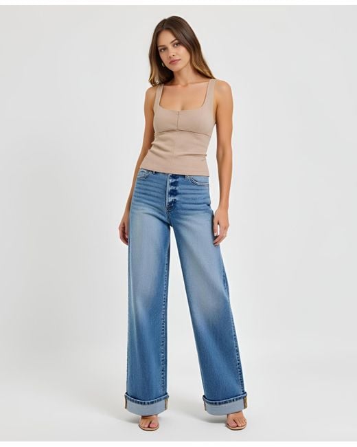Modenaire Blue Wide-leg Button-fly Cuffed Patch Pocket Jeans