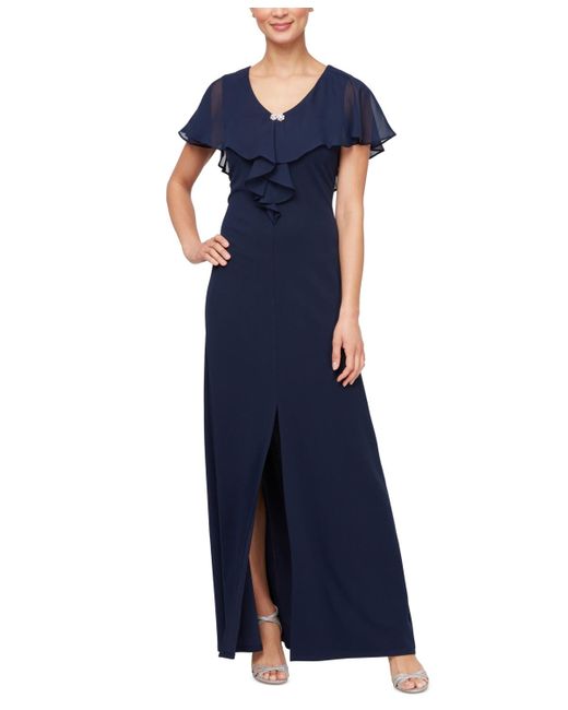 Sl Fashions Blue Petite Chiffon Cape-overlay Long Dress