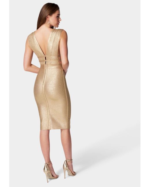 Bebe Natural Foiled Bandage Plunge Neck Midi Dress