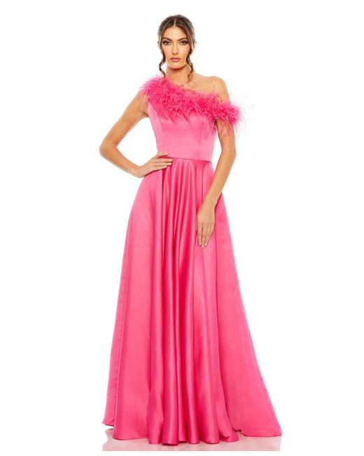 Mac Duggal Pink One Shoulder A Line Gown With Feather Detail