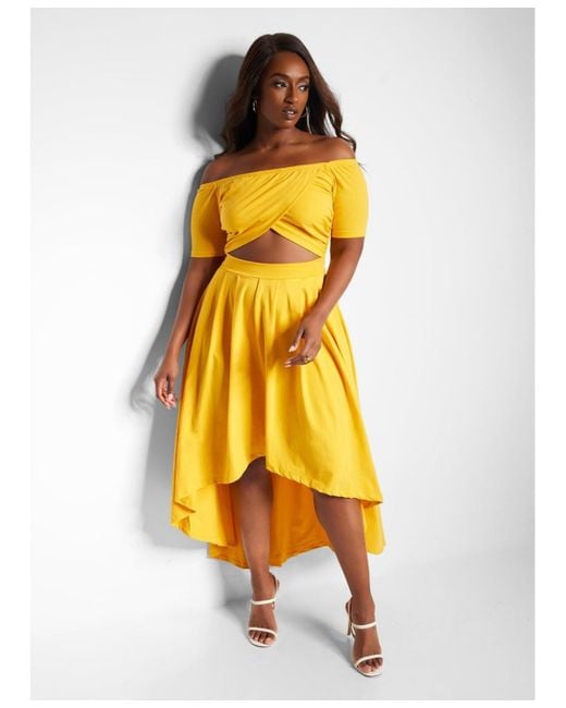 Rebdolls Yellow Off Shoulder Cut Out Midi Skater Dress