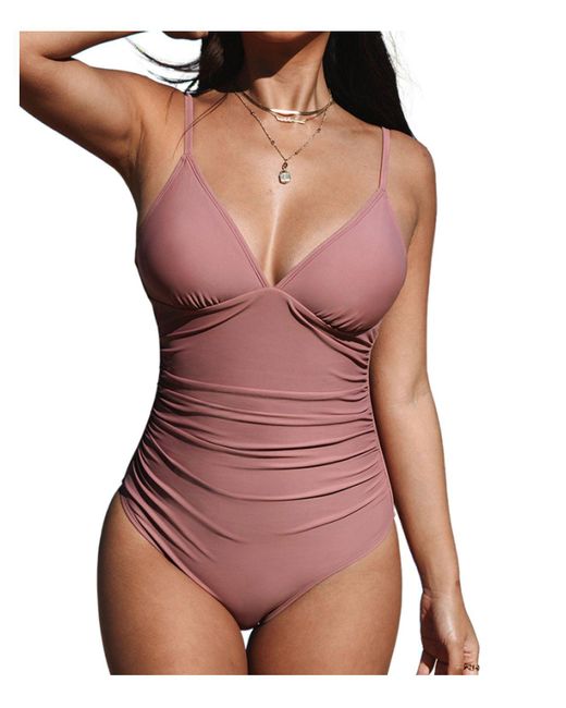 CUPSHE V Neck Tummy Control One Piece Swimsuit in Pink