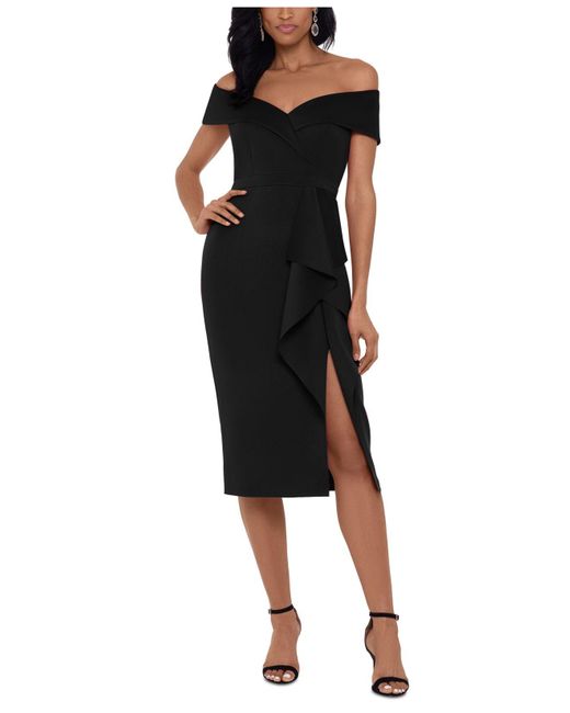 Xscape Synthetic Waterfall-ruffle Off-the-shoulder Gown in Black - Lyst