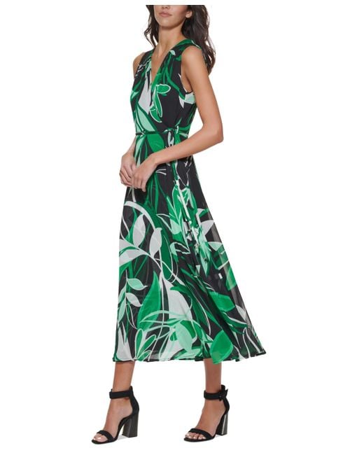 Calvin Klein Green Petite Surplice-neck Sleeveless A-line Dress