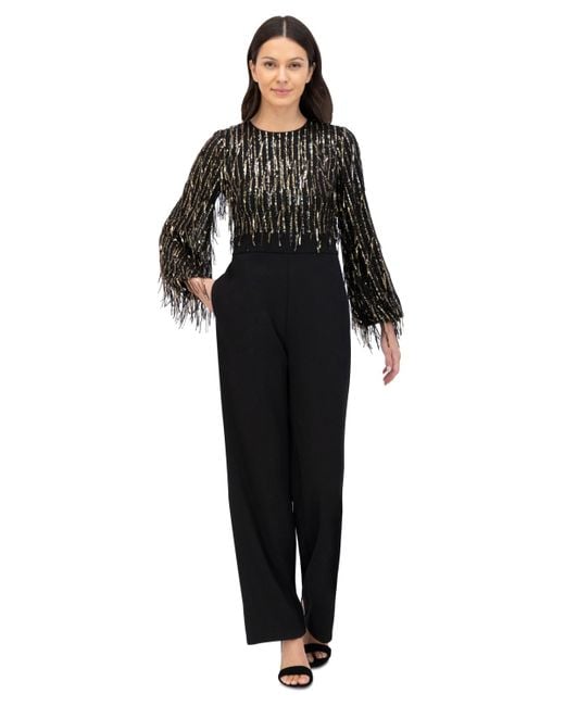 Eliza J Black Sequinned-fringe-bodice Jumpsuit
