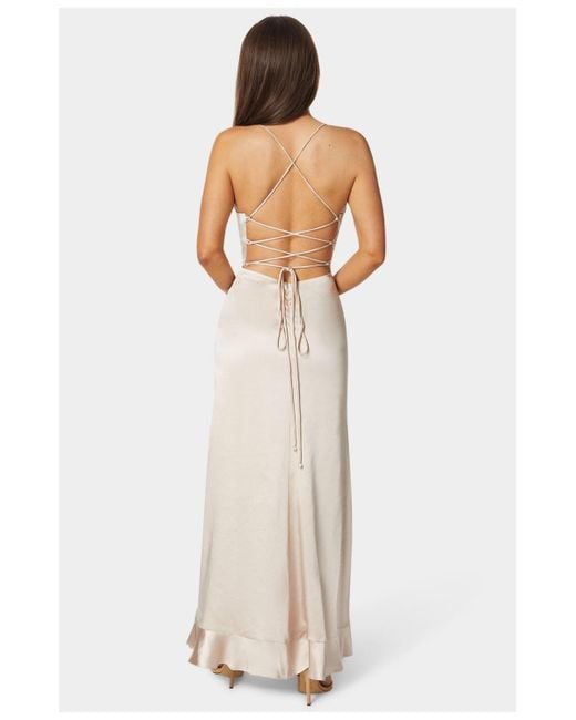 Bebe White Satin Ruffle Maxi Lace Up Back