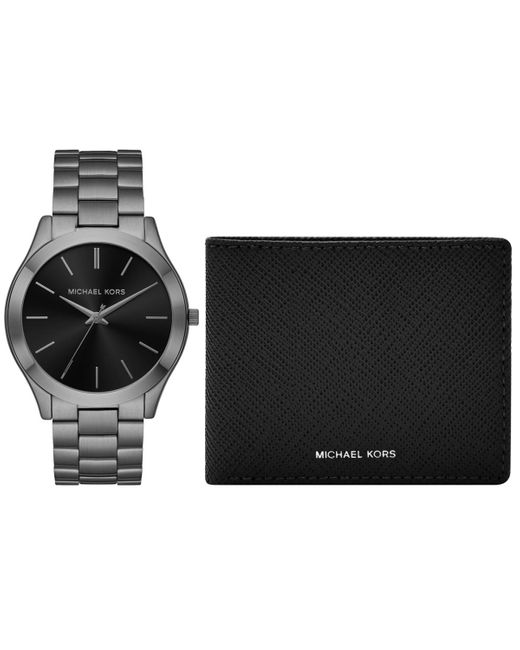 Michael Kors Multicolor Oversized Slim Runway Gunmetal Watch And Jet Set Charm Leather Wallet Gift Set