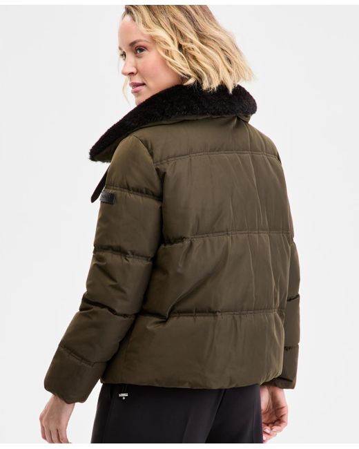 DKNY Black Faux-fur-collar Zip-front Puffer Coat