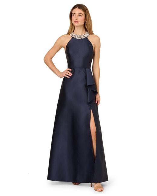 Adrianna Papell Blue Embellished Halter Ball Gown