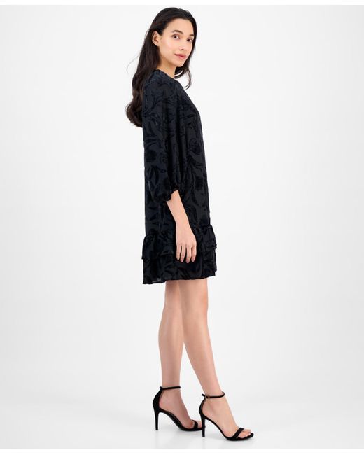 Anne Klein Black Petite Balloon Sleeve Burnout Velvet Dress