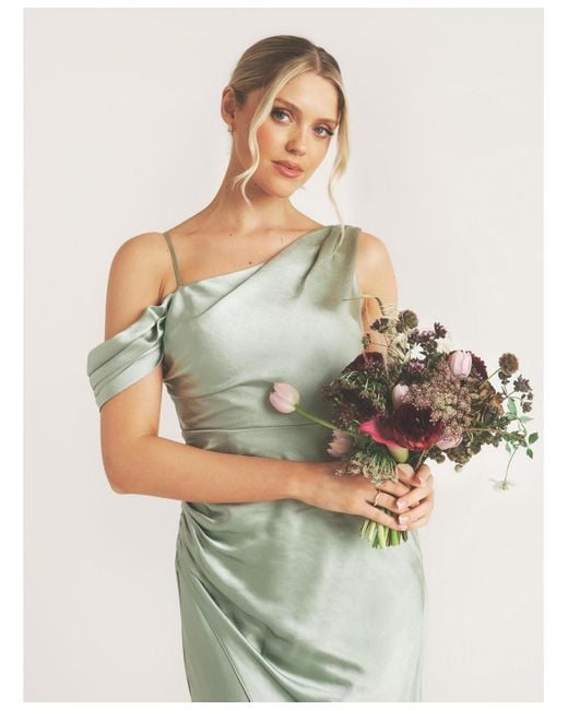 moss green satin bridesmaid dress Pontee One Shoulder Pleated Midi Dress - Sage Green
