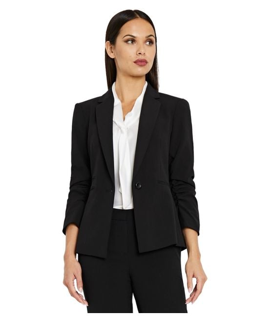 Tahari Women's Black Ruched-sleeve One-button Blazer