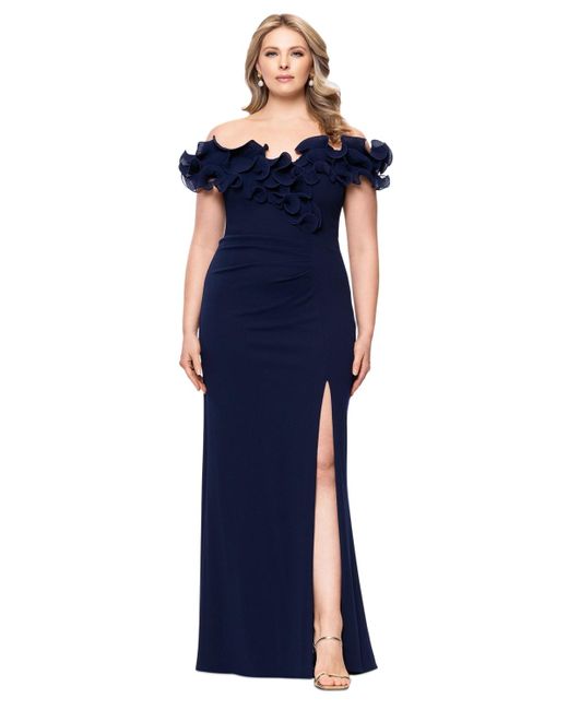 Xscape Blue Plus Size Ruffled Side-slit Evening Gown