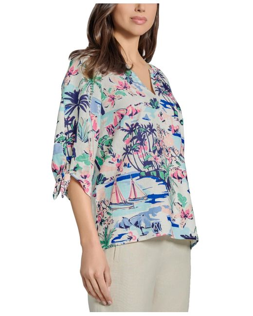Jones New York Blue Printed Linen-blend Blouse