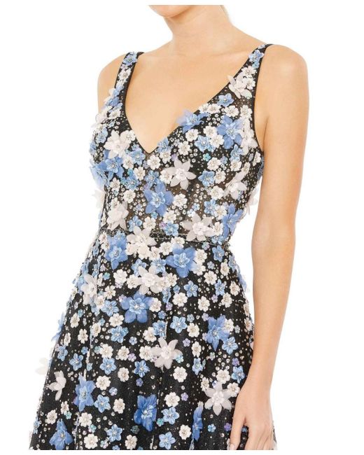 Mac Duggal Blue Floral Applique Sleeveless A-line Evening Gown