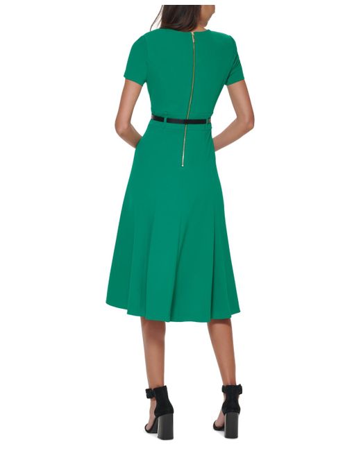 Calvin Klein Green Short Sleeve A-line Midi Dress With Belt