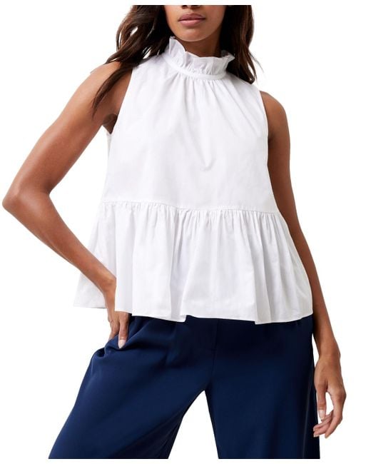 French Connection White Rhodes Cotton Poplin Ruffled Top