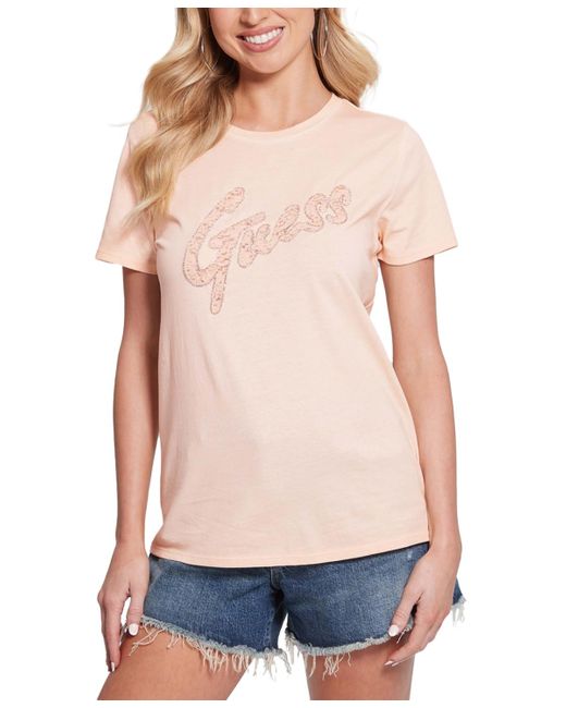 Guess Blue Cotton Lace-logo Short-sleeve Easy T-shirt