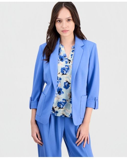 Anne Klein Essentials Blue Petite Roll-tab Patch-pocket Blazer