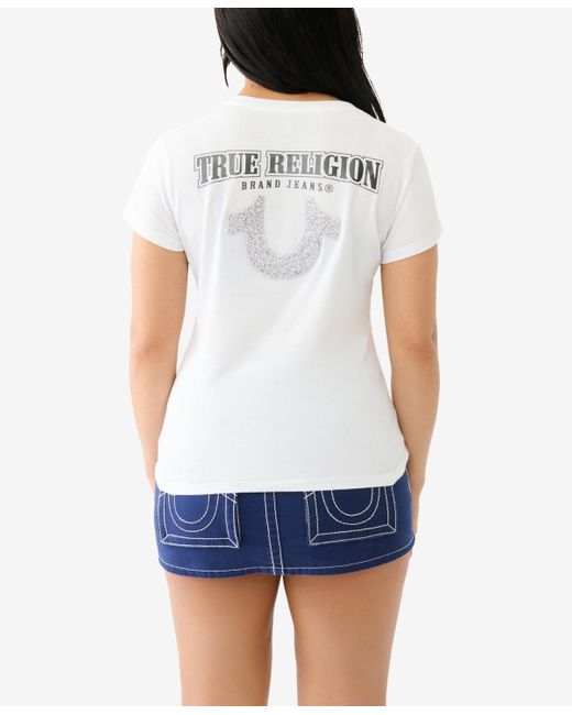 True Religion White Short Sleeve Crushed Crystal Tr V-neck Tee