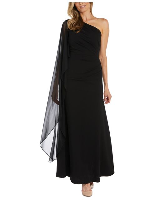 Nightway Black One-shoulder Cape Gown