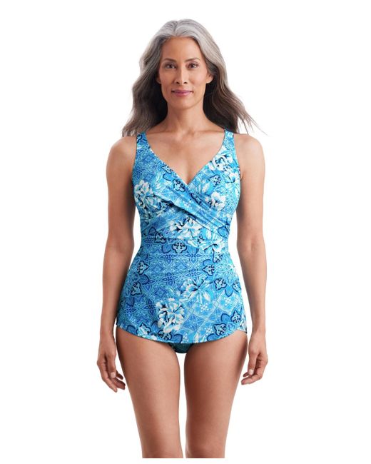 Shapesolver Sport By Mimi Flamingo Blue Crossover Sarong One Piece Swimsuit