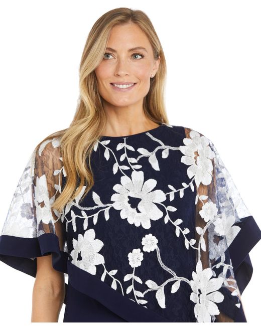 R & M Richards Blue Floral-embroidered Poncho Dress