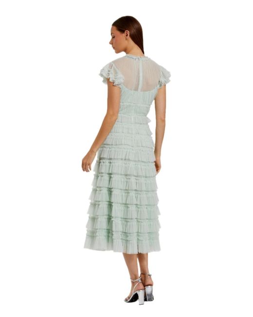 Mac Duggal Green Solid Mesh Dot Micro Ruffle High Neck Midi Dress