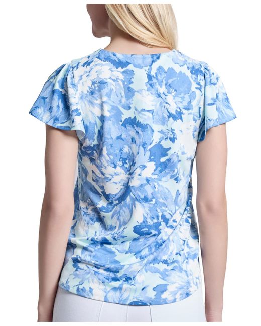 Jones New York Blue Printed Moss Crepe Flutter-sleeve Top