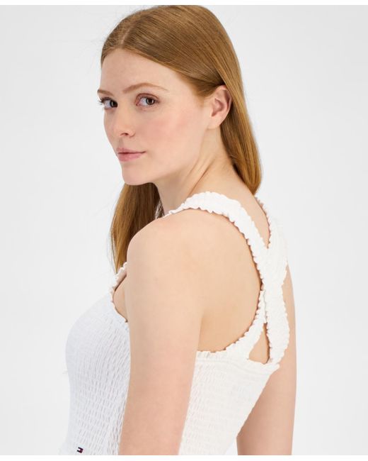 Tommy Hilfiger White Cotton Smocked Sleeveless Midi Dress