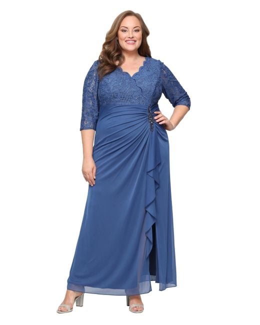 Alex Evenings Blue Plus Size Embellished Empire-waist Gown