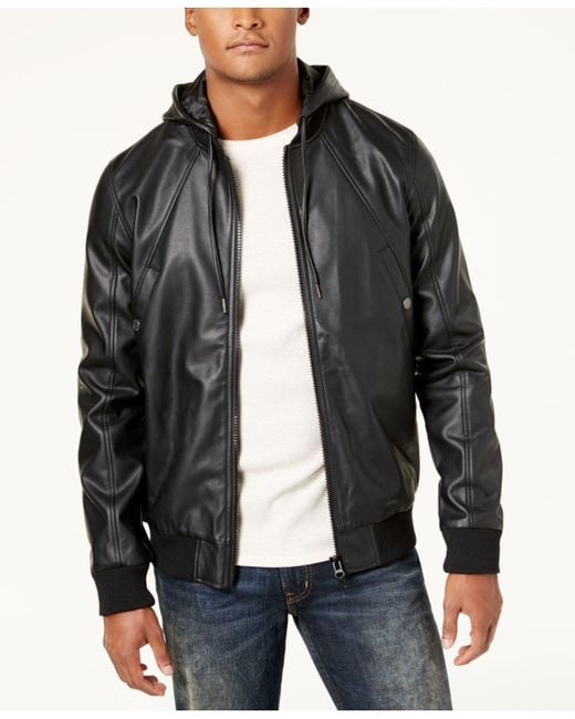 LRG Black Men's Faux-leather Hooded Bomber Jacket for men