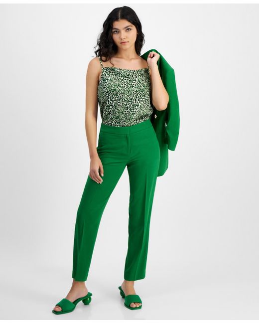 BarIII Green Textured Crepe Mid Rise Staight-leg Pants
