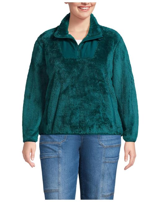 Lands' End Green Plus Size Half Zip Cozy High Pile Fleece Pullover